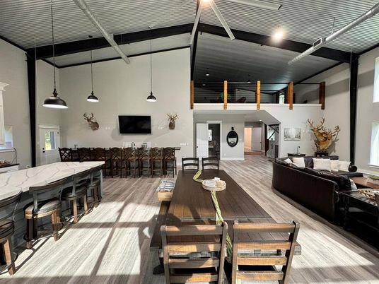 Dining room, Interior, Living room, Pendant Lights, Recessed Lighting, Wood Texture Flooring