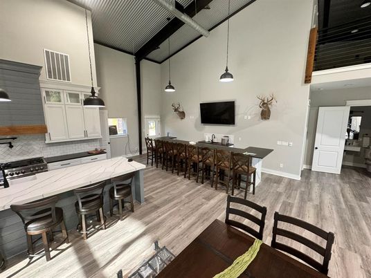 Dining room, Interior, Kitchen, Pendant Lights, Wood Texture Flooring