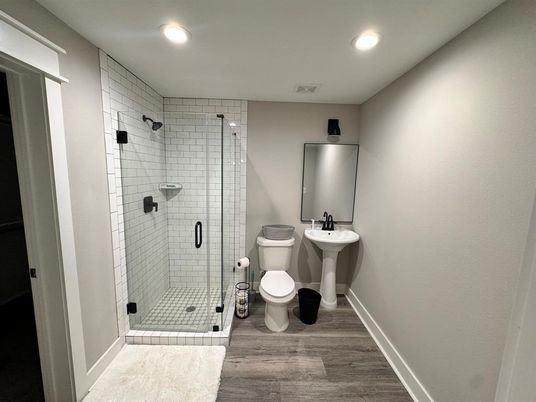 Bathroom, Glass Shower, Interior, Recessed Lighting, Wood Texture Flooring