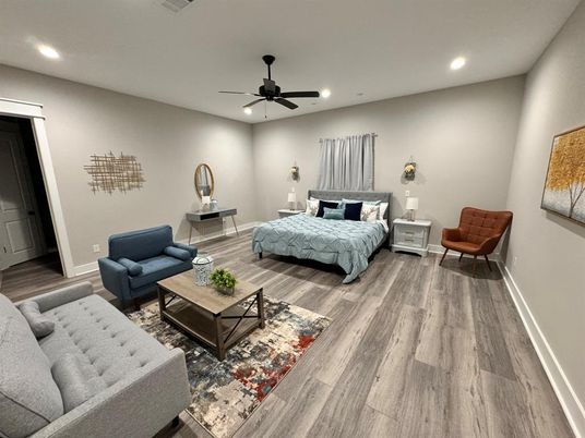 Bedroom, Interior, Living room, Recessed Lighting, Wood Texture Flooring