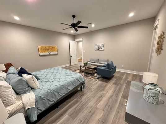 Bedroom, Interior, Recessed Lighting, Wood Texture Flooring
