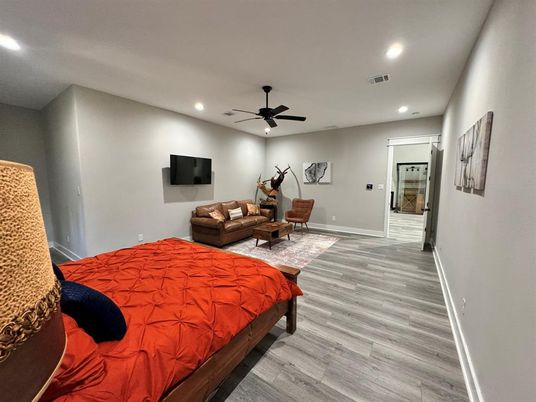 Bedroom, Interior, Recessed Lighting, Wood Texture Flooring