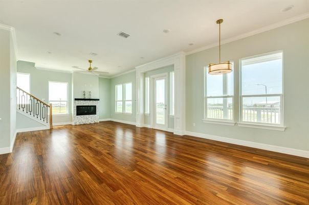 Empty room, Fireplace, Interior, Pendant Lights, Wood Texture Flooring