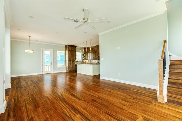 Empty room, Interior, Kitchen, Pendant Lights, Wood Texture Flooring