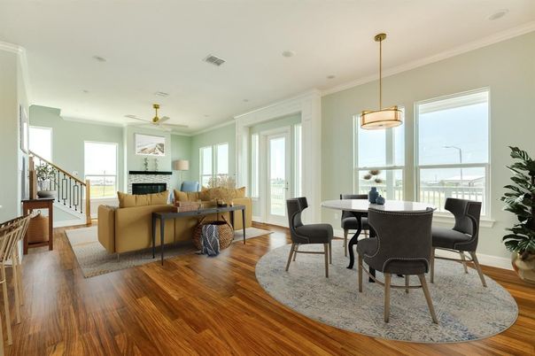 Dining room, Fireplace, Interior, Living room, Pendant Lights, Recessed Lighting, Wood Texture Flooring