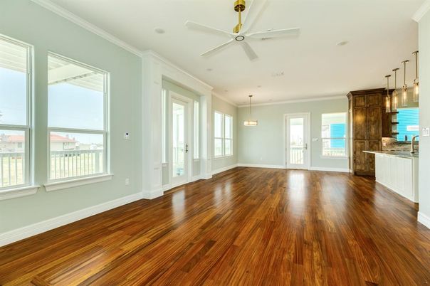 Empty room, Interior, Kitchen, Pendant Lights, Wood Texture Flooring