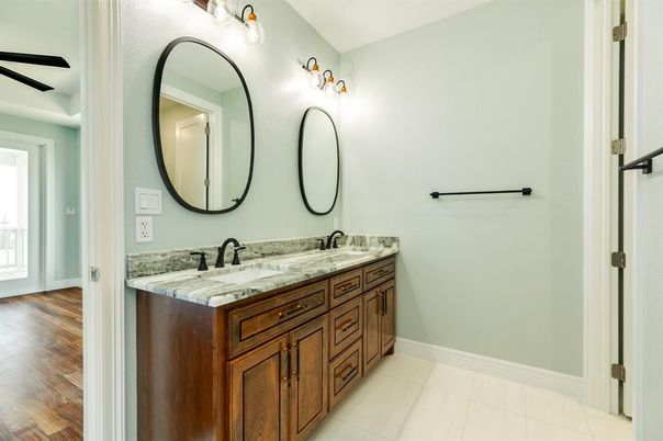 Bathroom, Dual Sink Vanities, Interior, Tile Countertops, Wood Texture Flooring