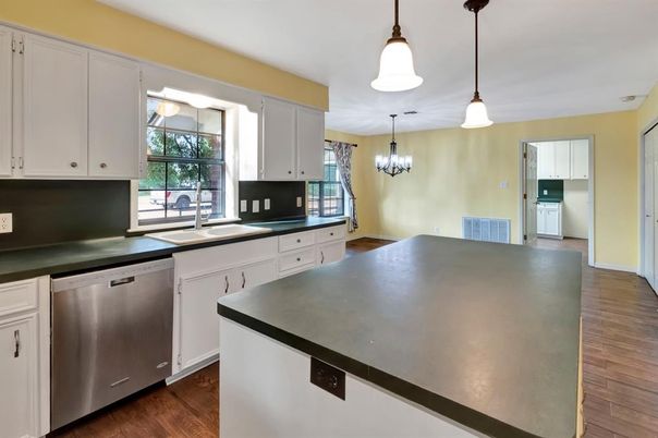 Chandelier, Interior, Kitchen, Pendant Lights, Stainless Steel Appliances, Wood Texture Flooring