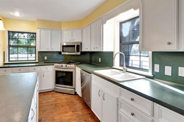 Interior, Kitchen, Recessed Lighting, Stainless Steel Appliances, Wood Texture Flooring