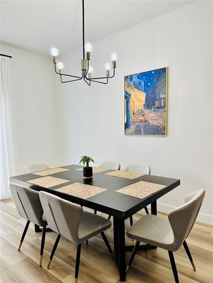 Chandelier, Dining room, Interior, Wood Texture Flooring