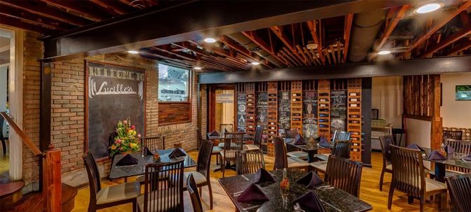 Dining room, Interior, Recessed Lighting, Stone Walls, Wooden Beams, Wood Texture Flooring