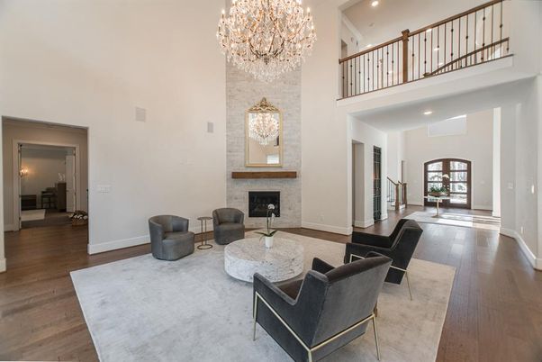 Chandelier, Fireplace, Interior, Living room, Recessed Lighting, Wood Texture Flooring