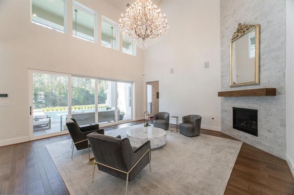 Chandelier, Fireplace, Interior, Living room, Stone Walls, Wood Texture Flooring