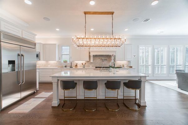 Chandelier, Interior, Kitchen, Recessed Lighting, Stainless Steel Appliances, Wood Texture Flooring