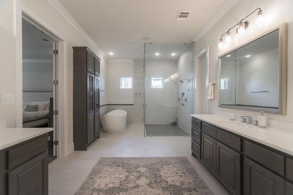 Bathroom, Dual Sink Vanities, Free Standing Baths, Glass Shower, Interior, Recessed Lighting