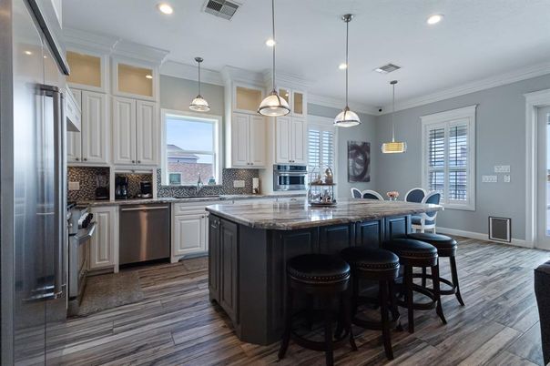 Interior, Kitchen, Pendant Lights, Recessed Lighting, Stainless Steel Appliances, Wood Texture Flooring