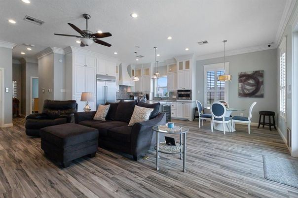 Dining room, Interior, Kitchen, Living room, Pendant Lights, Recessed Lighting, Stainless Steel Appliances, Wood Texture Flooring