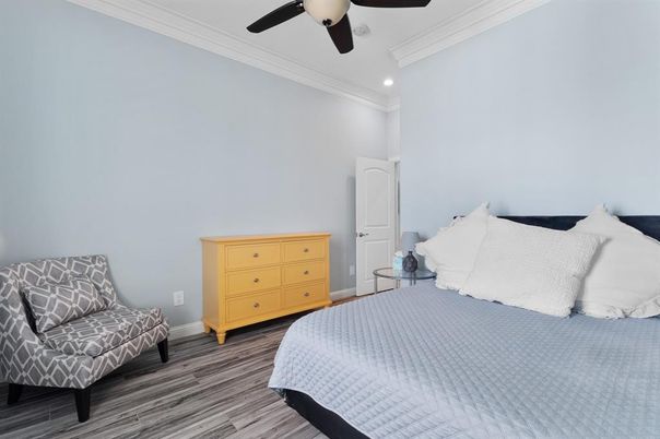 Bedroom, Interior, Recessed Lighting, Wood Texture Flooring