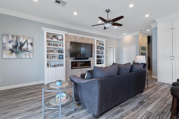Fireplace, Interior, Living room, Recessed Lighting, Wood Texture Flooring