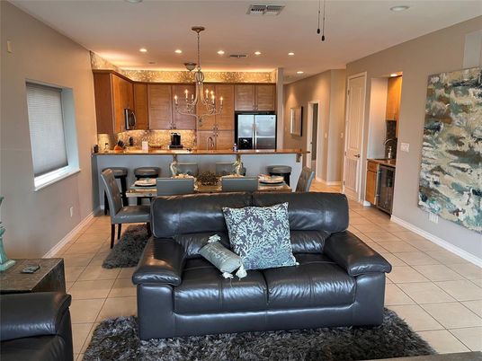 Chandelier, Dining room, Interior, Kitchen, Living room, Recessed Lighting, Stainless Steel Appliances