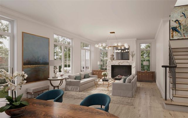 Fireplace, Interior, Living room, Pendant Lights, Wood Texture Flooring