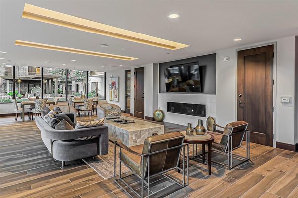 Dining room, Fireplace, Interior, Living room, Recessed Lighting, Wood Texture Flooring