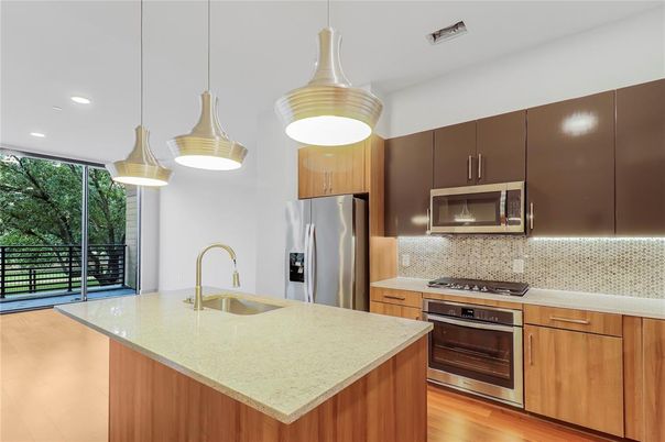 Interior, Kitchen, Pendant Lights, Recessed Lighting, Stainless Steel Appliances, Wood Texture Flooring