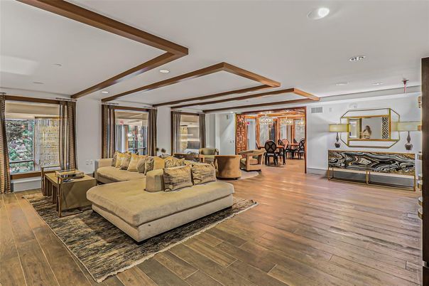 Dining room, Interior, Living room, Recessed Lighting, Wooden Beams, Wood Texture Flooring