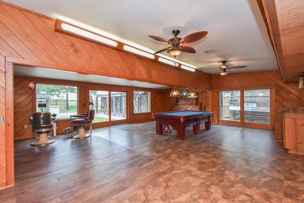 Billiard Table, Fireplace, Game Room, Interior, Wooden Beams, Wooden Ceilings, Wood Texture Flooring, Wooden Walls