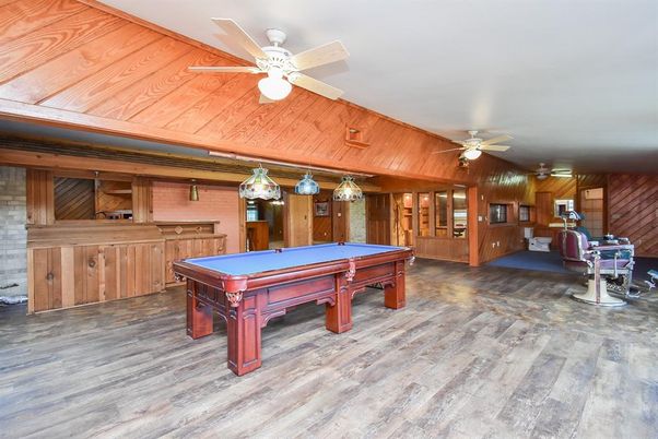 Billiard Table, Game Room, Interior, Pendant Lights, Wood Texture Flooring, Wooden Walls