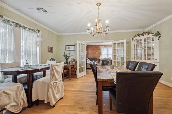 Chandelier, Dining room, Interior, Wood Texture Flooring