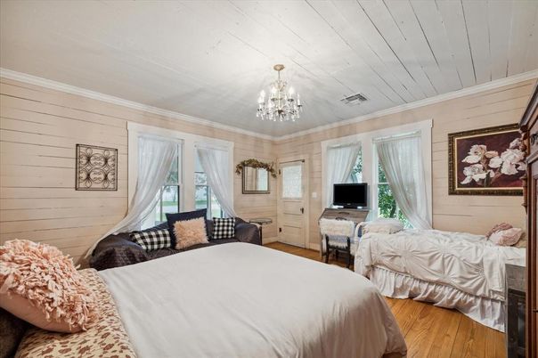 Bedroom, Chandelier, Interior, Wood Texture Flooring