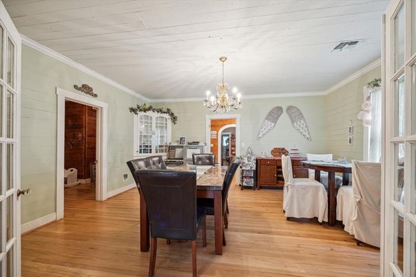 Chandelier, Dining room, Interior, Wood Texture Flooring