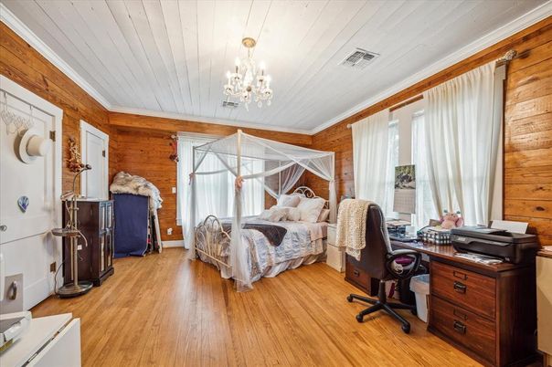Bedroom, Chandelier, Home Office, Interior, Wood Texture Flooring, Wooden Walls