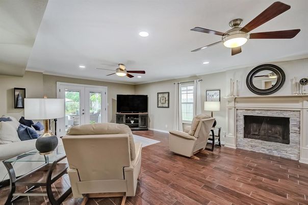 Fireplace, Interior, Living room, Recessed Lighting, Wood Texture Flooring