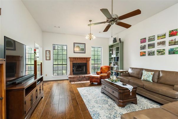 Fireplace, Interior, Living room, Pendant Lights, Wood Texture Flooring