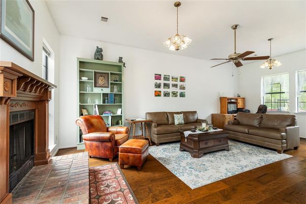 Fireplace, Interior, Living room, Pendant Lights, Wood Texture Flooring