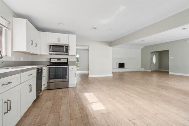 Interior, Kitchen, Recessed Lighting, Stainless Steel Appliances, Wood Texture Flooring