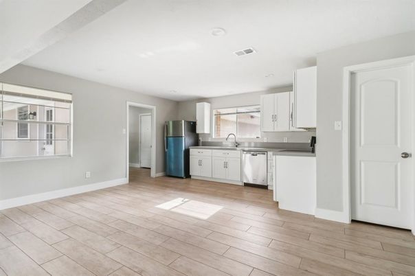 Interior, Kitchen, Recessed Lighting, Wood Texture Flooring