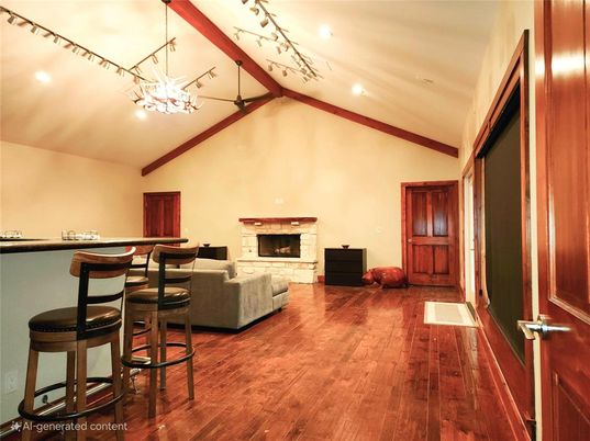 Fireplace, Interior, Living room, Pendant Lights, Recessed Lighting, Wood Texture Flooring