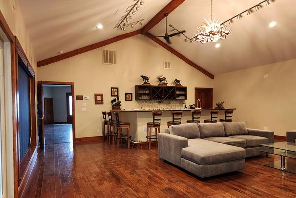 Chandelier, Interior, Living room, Pendant Lights, Recessed Lighting, Wooden Beams, Wood Texture Flooring