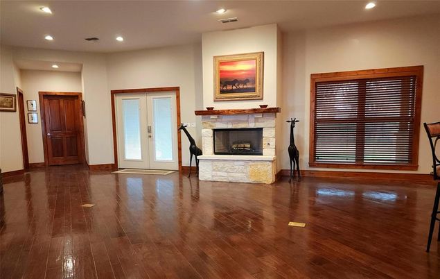 Empty room, Fireplace, Interior, Recessed Lighting, Wood Texture Flooring
