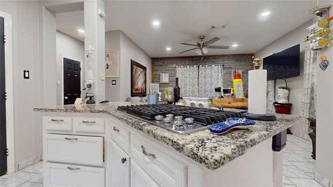 Interior, Kitchen, Recessed Lighting, Stone Walls