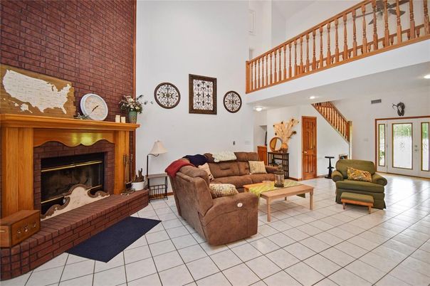Fireplace, Interior, Living room, Recessed Lighting, Stone Walls