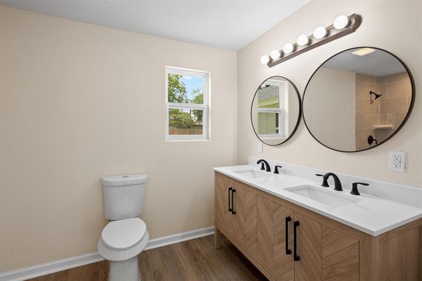 Bathroom, Dual Sink Vanities, Interior, Wood Texture Flooring