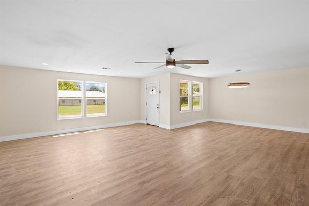 Empty room, Interior, Pendant Lights, Recessed Lighting, Wood Texture Flooring