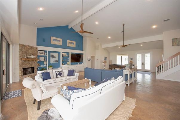 Fireplace, Interior, Living room, Recessed Lighting, Stone Walls, Wood Texture Flooring