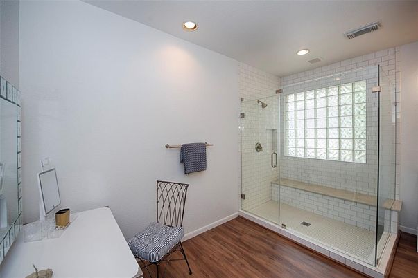 Bathroom, Glass Shower, Interior, Recessed Lighting, Wood Texture Flooring