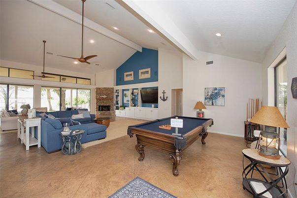 Billiard Table, Fireplace, Game Room, Interior, Living room, Recessed Lighting