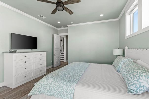 Bedroom, Interior, Recessed Lighting, Wood Texture Flooring